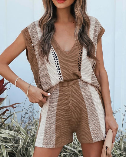 Summer Women Knitwear Clothes Casual Shorts V neck Two Piece Set