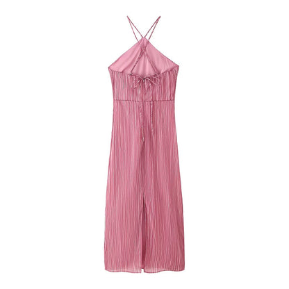 Plisse Pleated Halter Neck Cross Strap Spaghetti Strap Midi Dress