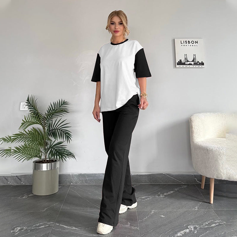 Summer Contrast Color round Neck Short Sleeved T shirt Women Casual Wide Leg Pants Two Piece Sets