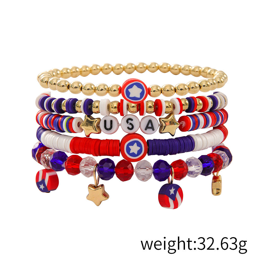 USA Independence Day Red White Blue Flag Polymer Clay Multi-Layer Stackable Bracelet Set