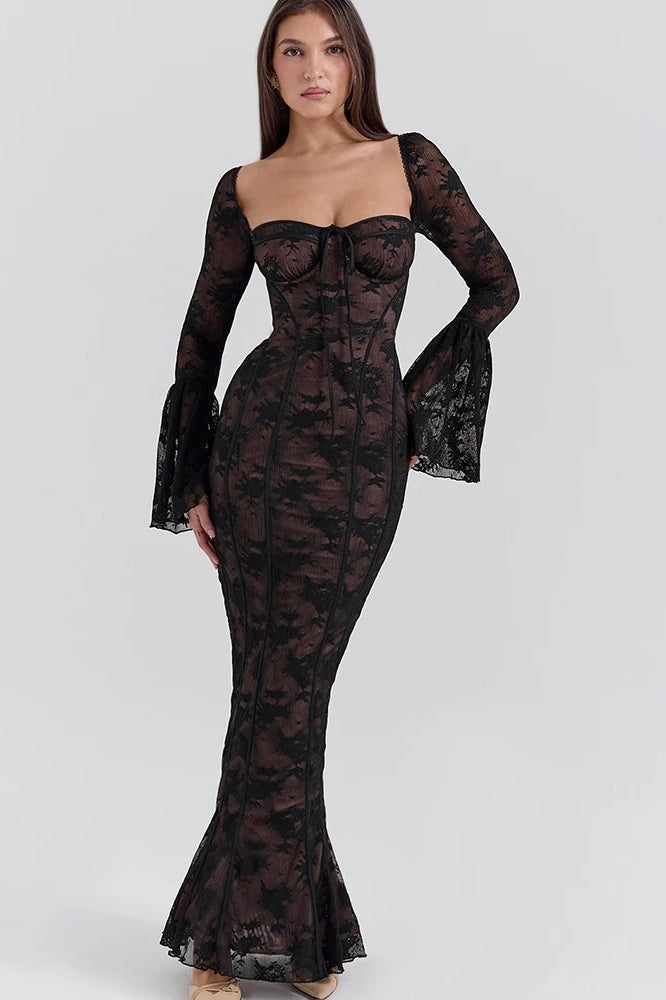 Square Collar Long Sleeve Maxi Dress