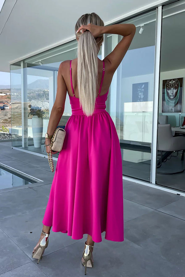 Twist Front Cutout Spaghetti Strap Pocket Side Slit A-Line Midi Dress
