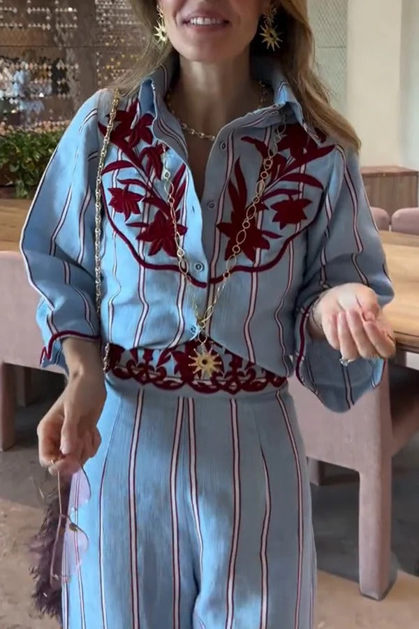 Delirio Linen Blend Floral Embroidery and Stripes Print Bell Sleeve Tie-up Blouse