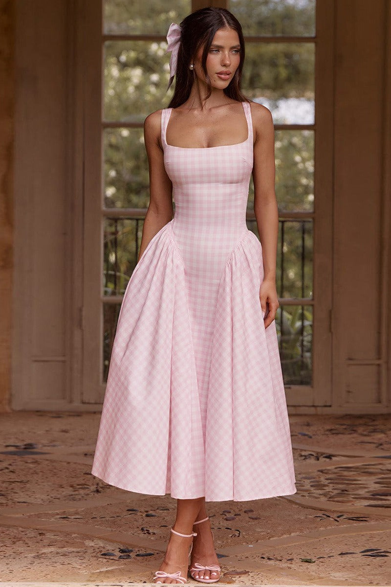 Plaid Printed Ruched Backless Spaghetti Strap Prom Dress