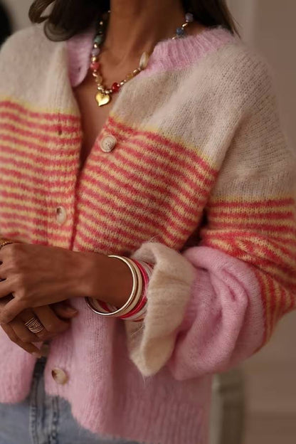 Color‑Block Stripe Cropped Mohair Knit Cardigan
