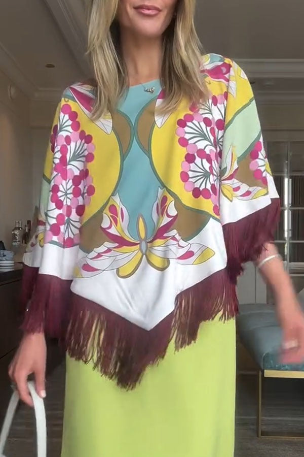 Boho Ethnic-style Floral Pattern Tassel Trim Loose Cape Top