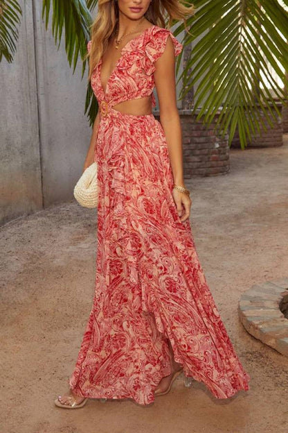 Soleil Printed Cutout Ruffle Maxi Dress