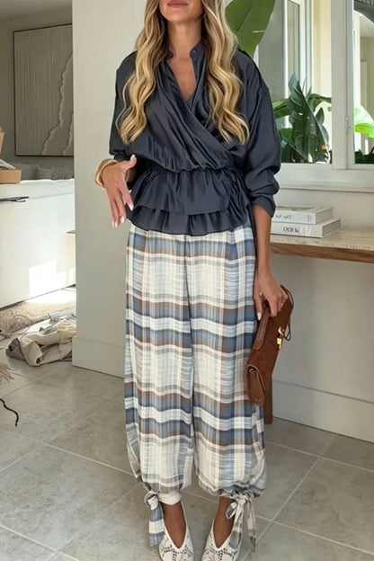 Adrenia Plaid Print Mid Rise Elastic Waist Pocket Tie-up Hem Balloon Pants