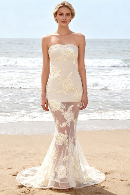 Strapless Slim Fit Floor Length Mesh Prom Dress