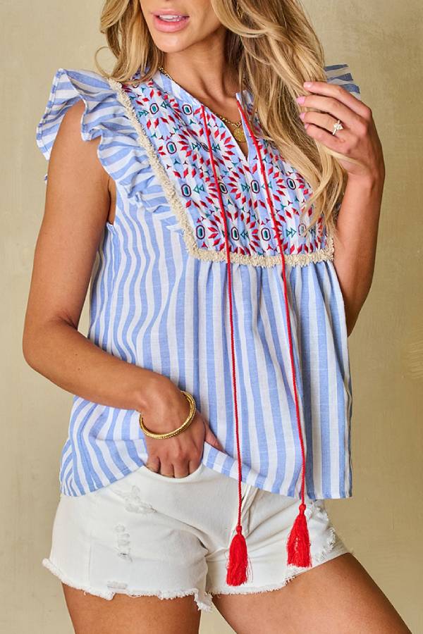Striped Embroidered Tassel Ruffle Sleeveless Top