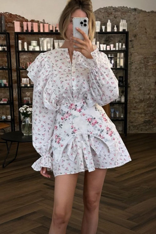 Romantic Ruffled Long Sleeve Mini Floral Dress