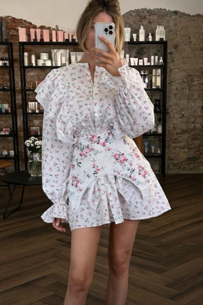 Romantic Ruffled Long Sleeve Mini Floral Dress