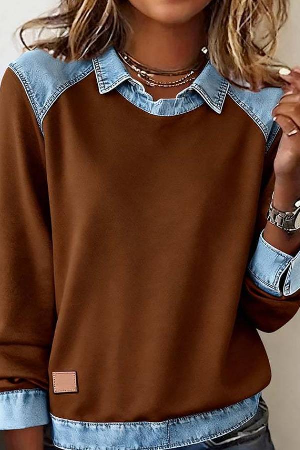 Denim Spliced Fake Two Piece Long Sleeve Knit Sweatshirt Top