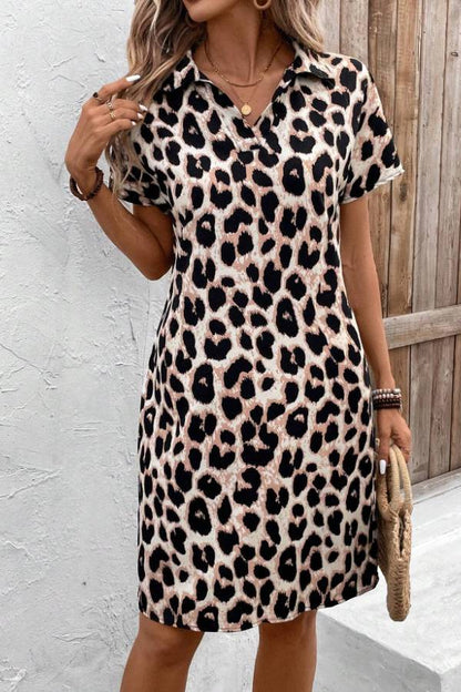 Collared V-Neck Leopard Print Short-Sleeve Straight Dress