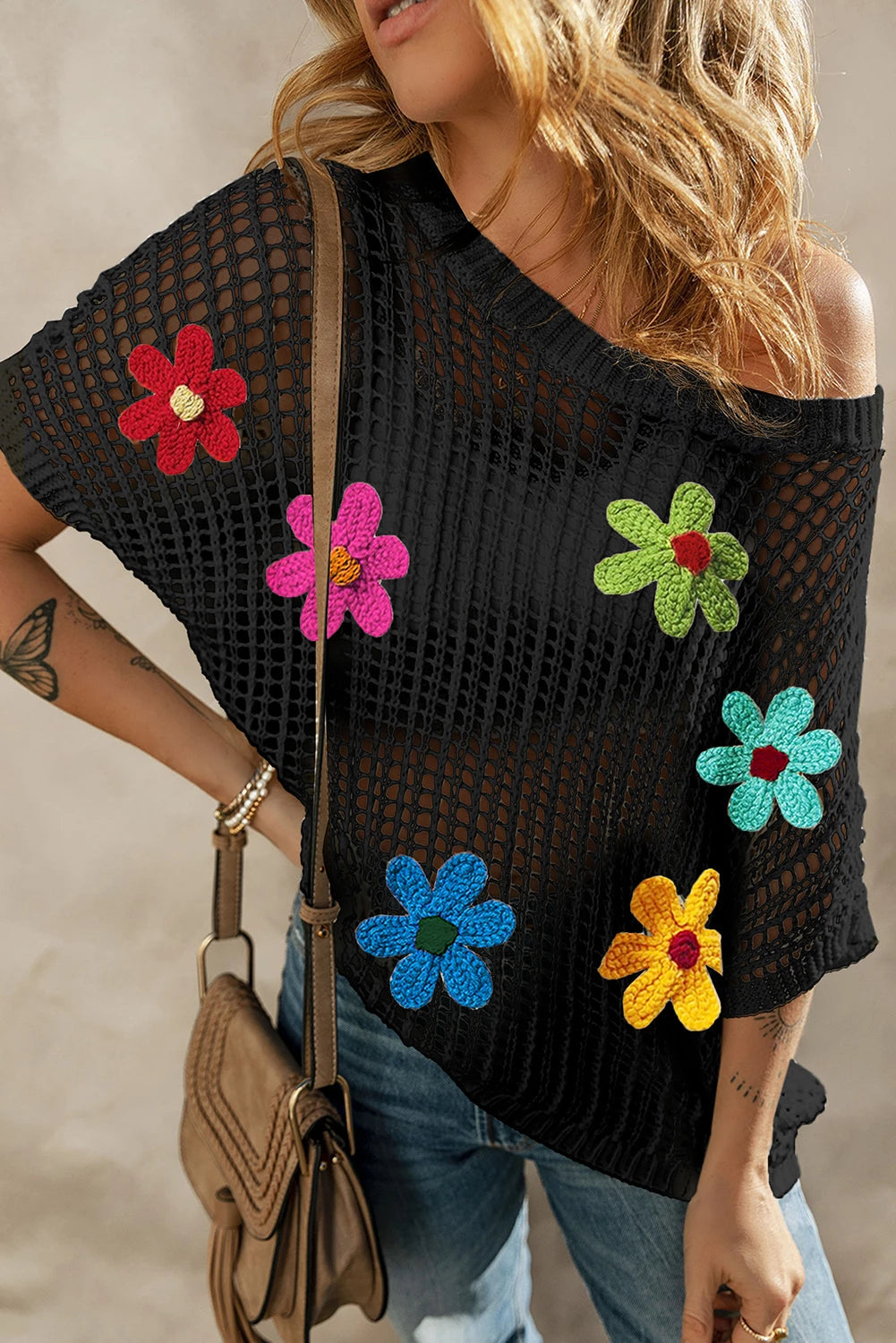Hollowed Crochet Colorful Flower Loose Knit T Shirt