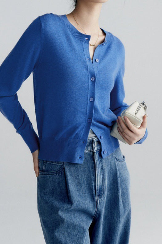 Solid Color Round Neck Knit Cardigan