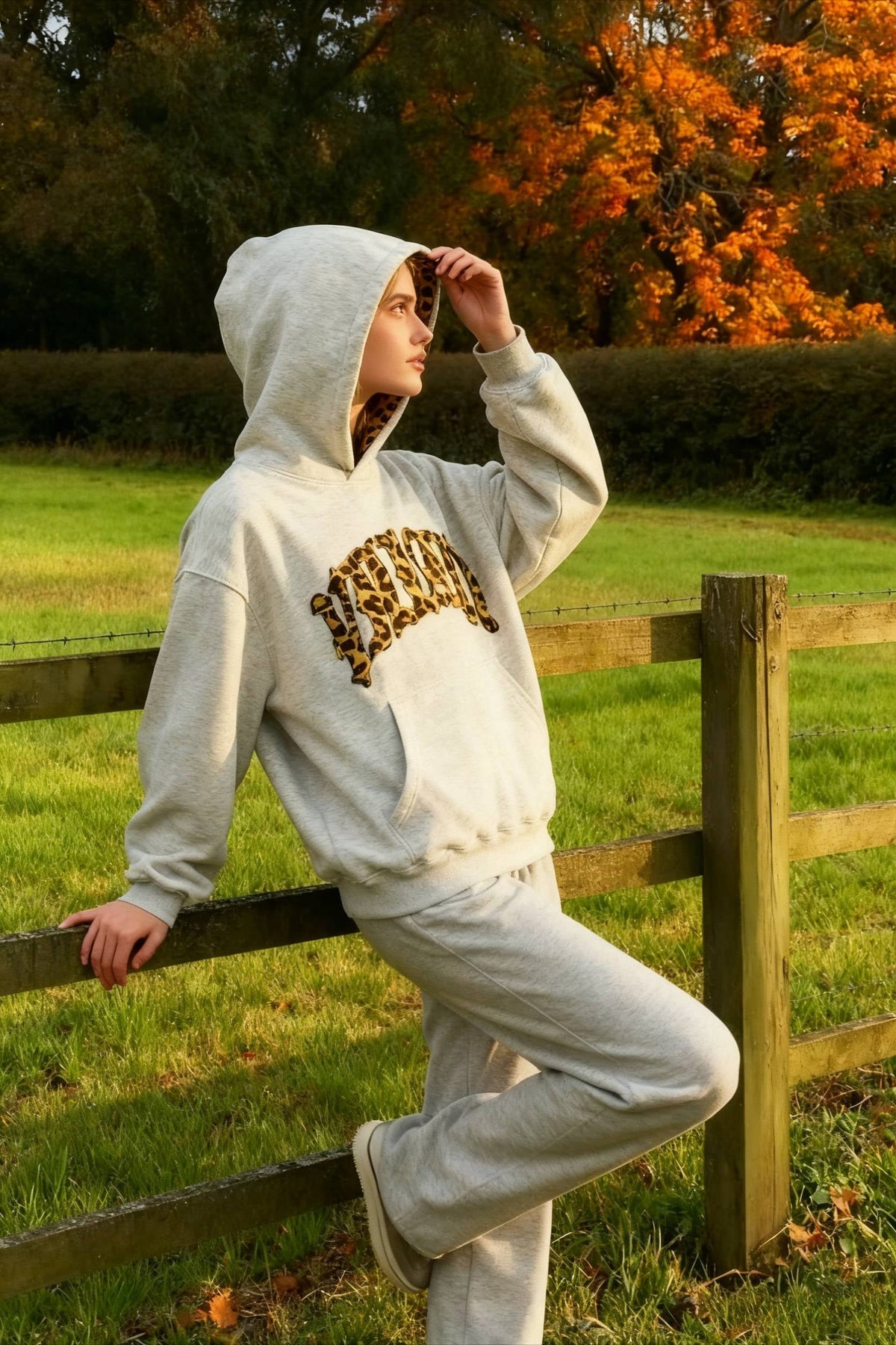 Leopard Lined Embroidered Letter Hoodie