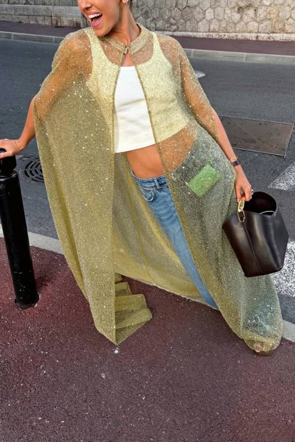 Sparkle Night Sheer Sequin Maxi Cover-up Cape