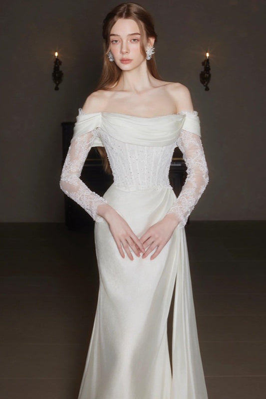 French Off Shoulder Lace Sweep Train Prom Dress