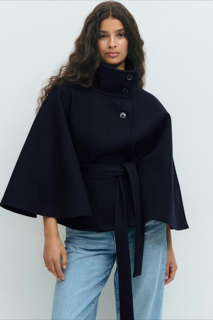 High Neck Button Detail Batwing Sleeve Coat