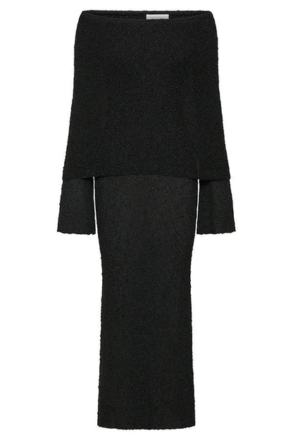 Marisol Ribbed Boucle Material Draped Off Shoulder Stretch Vacation Maxi Dress