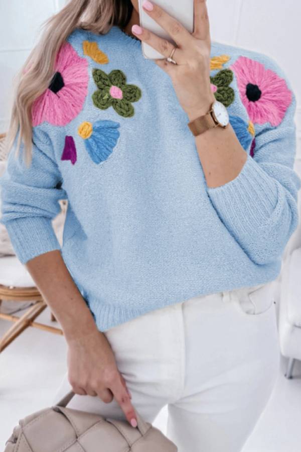 Light Blue 60s Flower Pattern Ribbed Edge Sweater