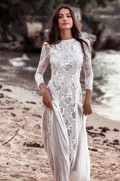Round Neck Long Sleeve Lace Back Prom Dress