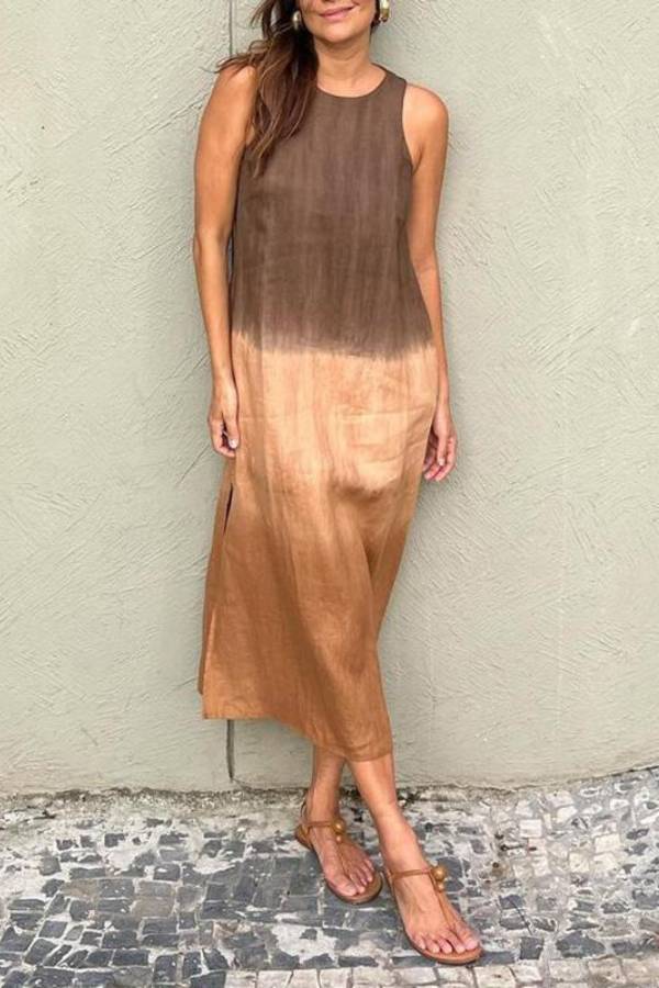 Gradient Tie Dye Sleeveless Linen Midi Dress Side Split Loose Casual Vacation Sundress