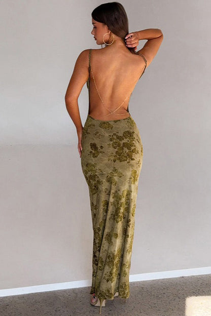 Tie Dye Backless Chain Patchwork Slim Long Floral Dress