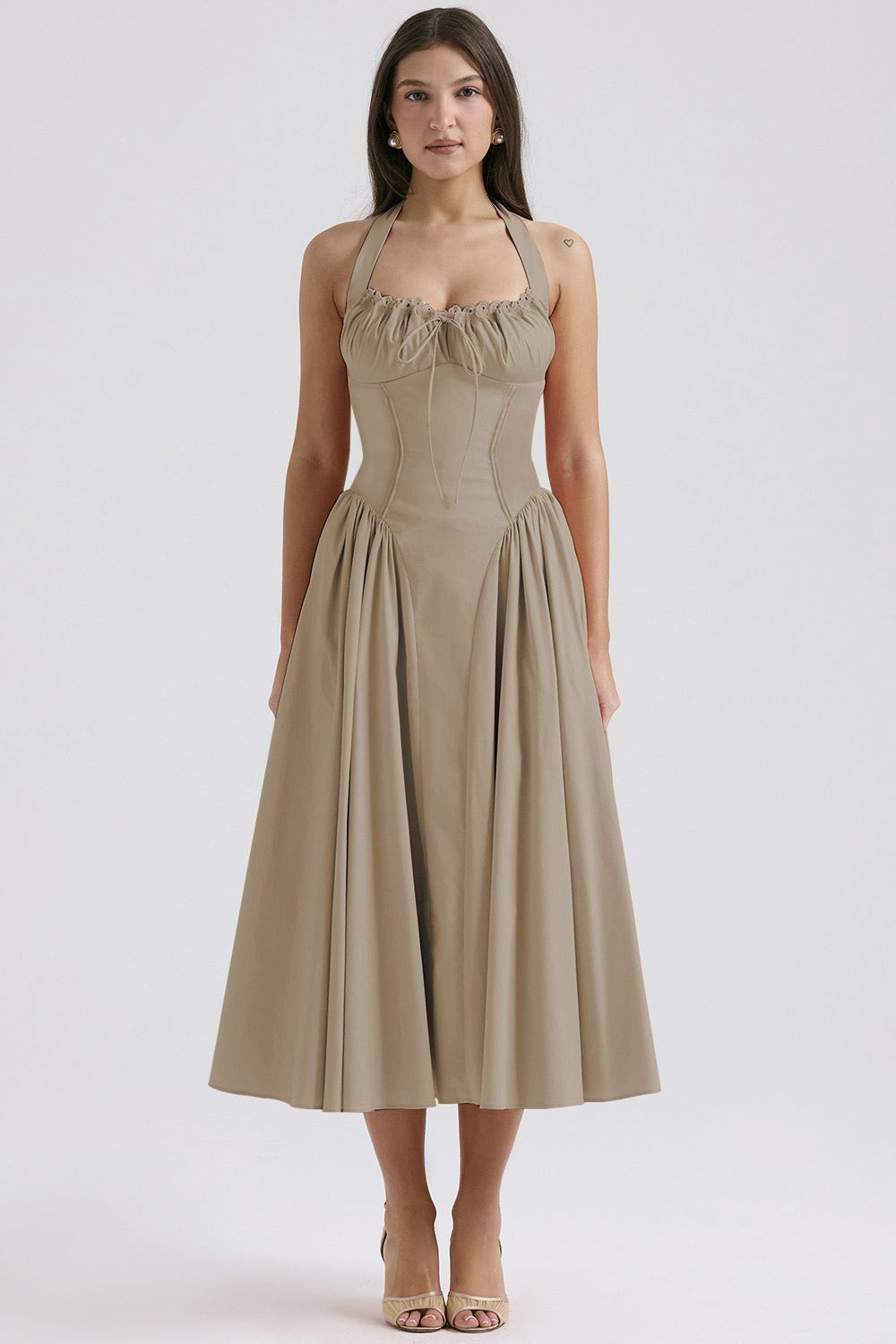 Floral Halter Lace Trim Long Sleeveless Prom Dress