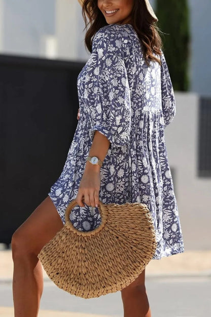 Women's V Neck Half Sleeve Floral Tunic Short Dress