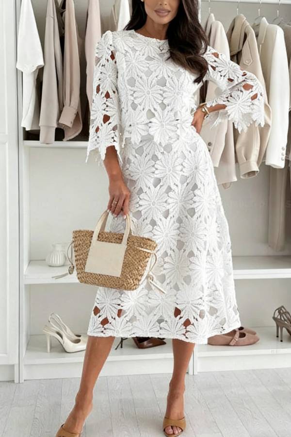Almina Embroidered Flowers Cutout Bell Sleeve Top and Elastic Waist A-line Midi Skirt Set