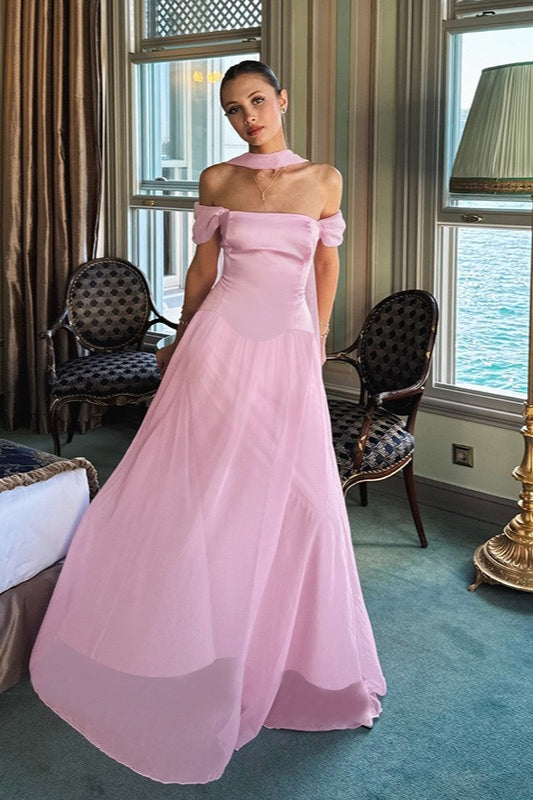 Satin Mesh Off Shoulder Prom Dress