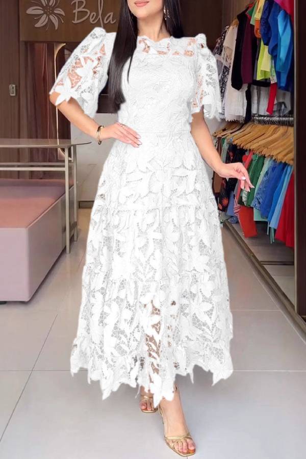 3D Floral Lace Midi Dress Ruffle Flutter Sleeve Tiered Cake Wedding Guest Gown