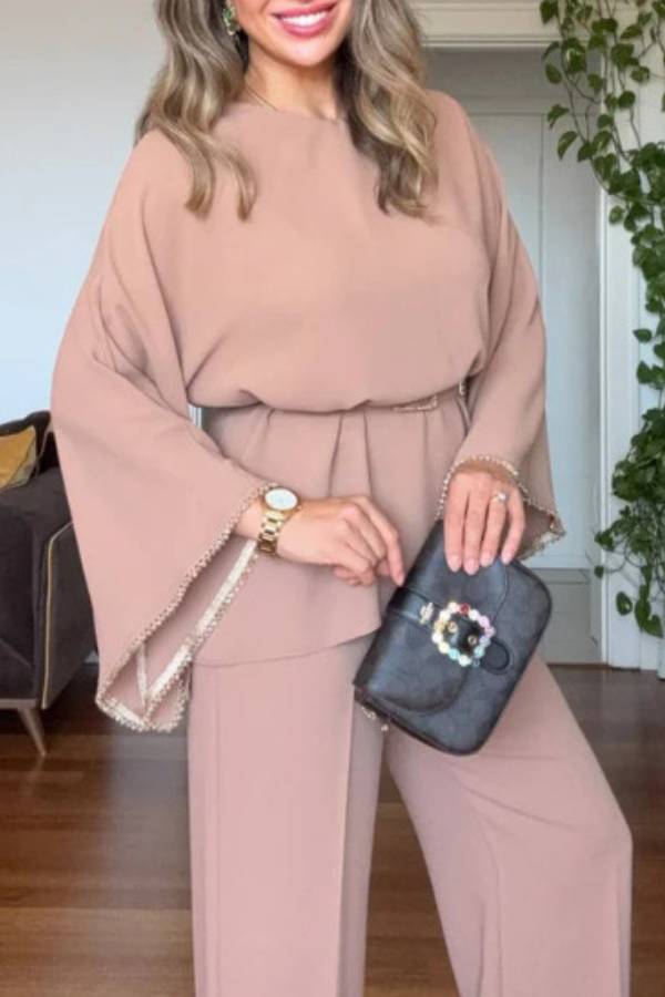 Beaded Wide-Sleeve Waisted Wide-Leg Pants Two-Piece Set