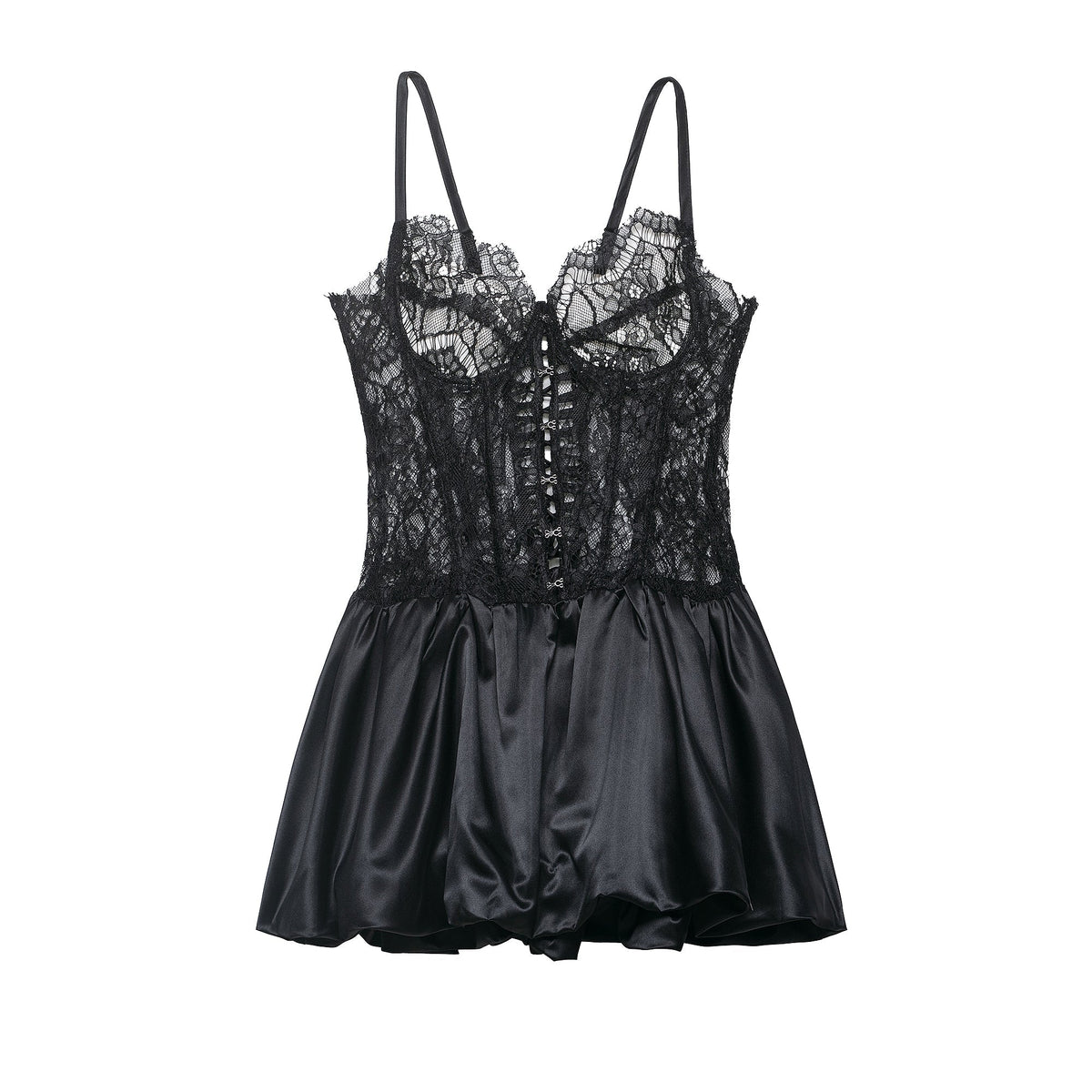 Lace Corset Bodice Hook and Eye Spaghetti Strap Satin Bubble Hem Romper