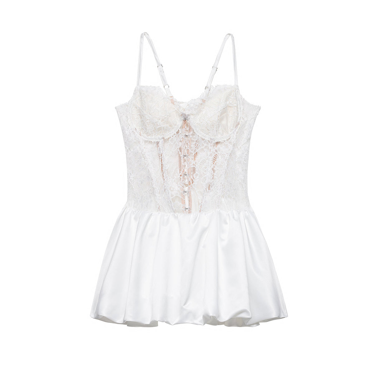 Lace Corset Bodice Hook and Eye Spaghetti Strap Satin Bubble Hem Romper