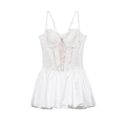 Lace Corset Bodice Hook and Eye Spaghetti Strap Satin Bubble Hem Romper