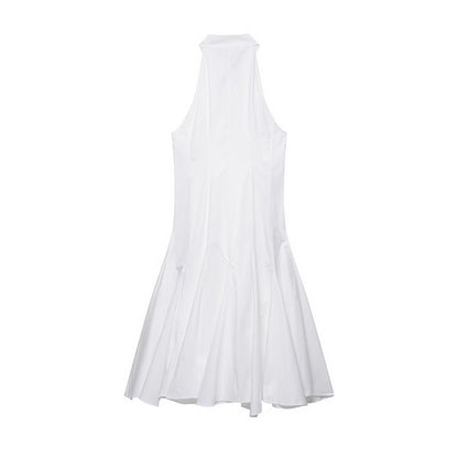 Halter Stand Collar Fit and Flare Panel Midi Dress