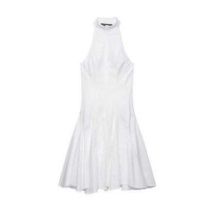 Halter Stand Collar Fit and Flare Panel Midi Dress