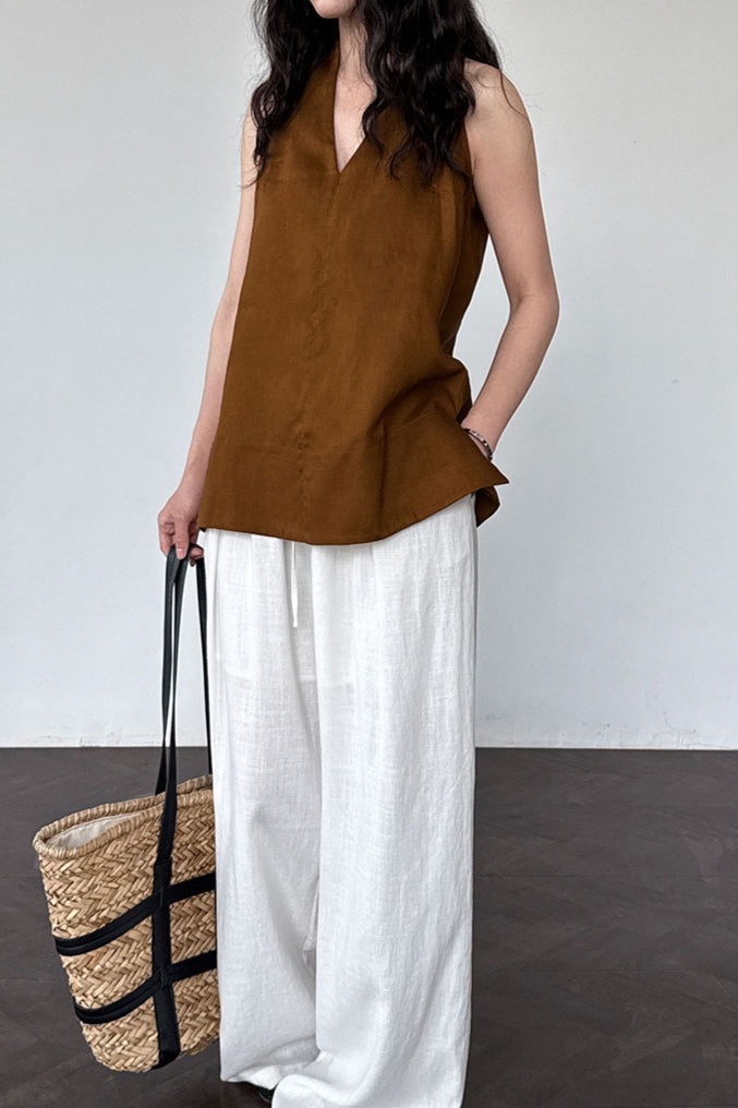 Halter V Neck Linen Casual Tank Top