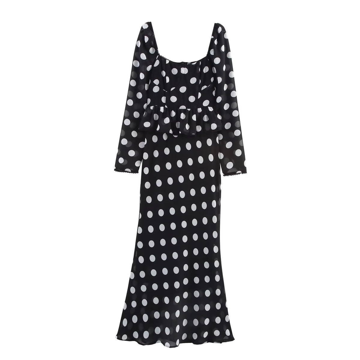 Polka Dot Square Neck Peplum Ruffle Long Sleeve Maxi Dress