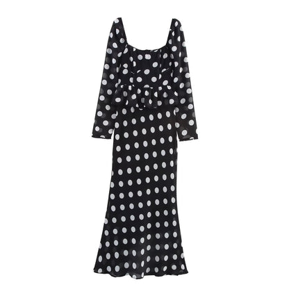 Polka Dot Square Neck Peplum Ruffle Long Sleeve Maxi Dress