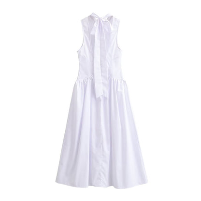 Halter Neck Bow Tie Open Back Paneled Fit And Flare Midi Dress