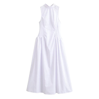 Halter Neck Bow Tie Open Back Paneled Fit And Flare Midi Dress