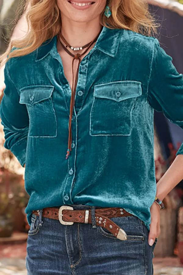 Retro Lapel Collar Button Pockets Detail Long Sleeve Velvet Blouse