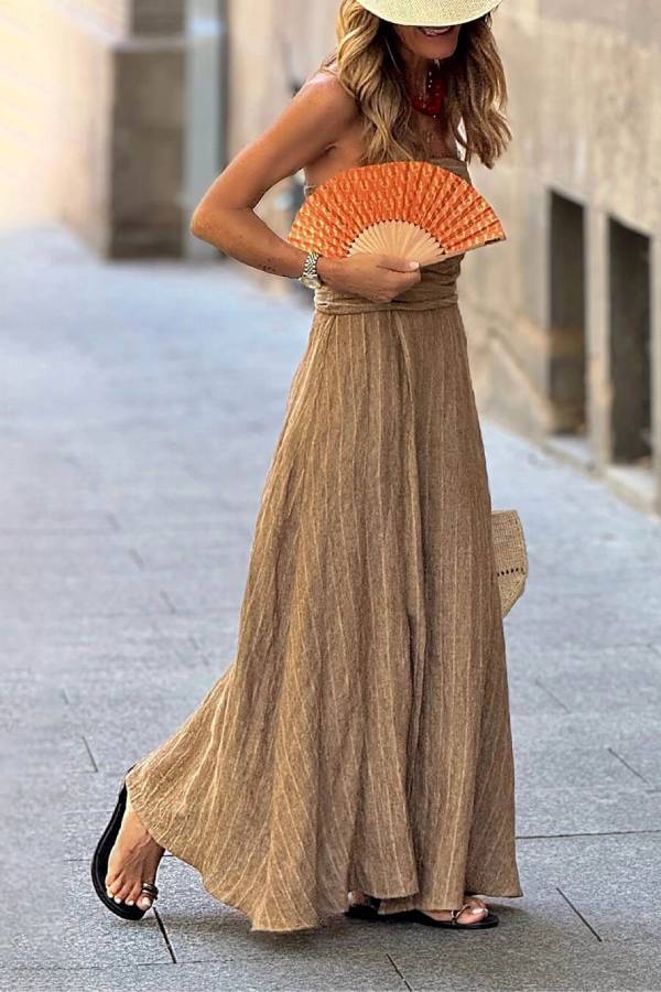 Retro Unique Striped Print Ruched Slit Linen Maxi Dress
