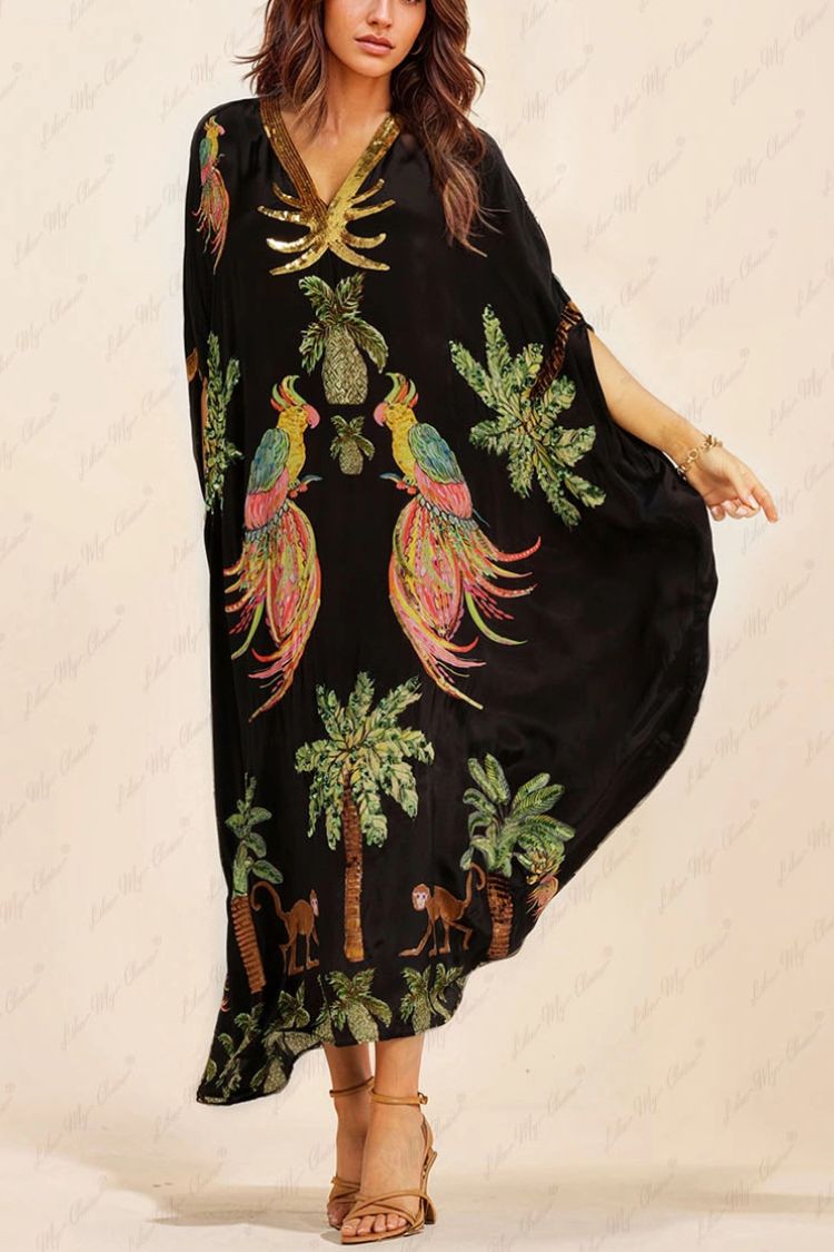 Unique Drop Shoulder Sleeve Coconut Tree Printed Dress