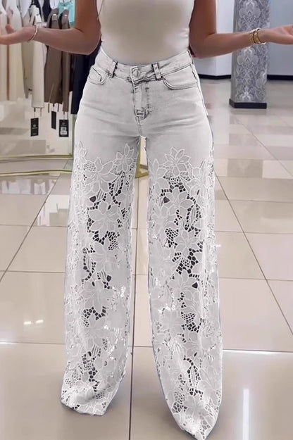 High Waist Lace Cutout Long Wide Leg Jeans