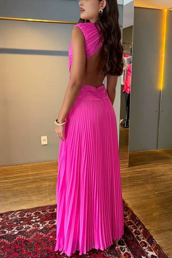 High Neck Cross Ruched Cutout Waist & Open Back Pleated Chiffon Evening Gown